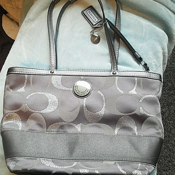 Coach Handbags - Coach 3 color gray metallic signature strip bag